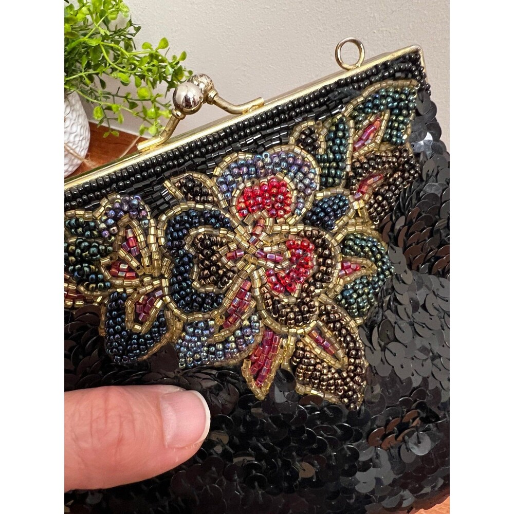 Vintage 1950's La Regale Colorful Beaded/Black Sequins Clamshell Evening Purse - Picture 7 of 7